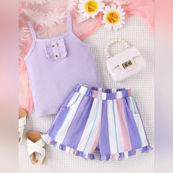 Unbranded Other - Colorful Girls Top and Purple/Blue Stripped Shorts Set 7 years